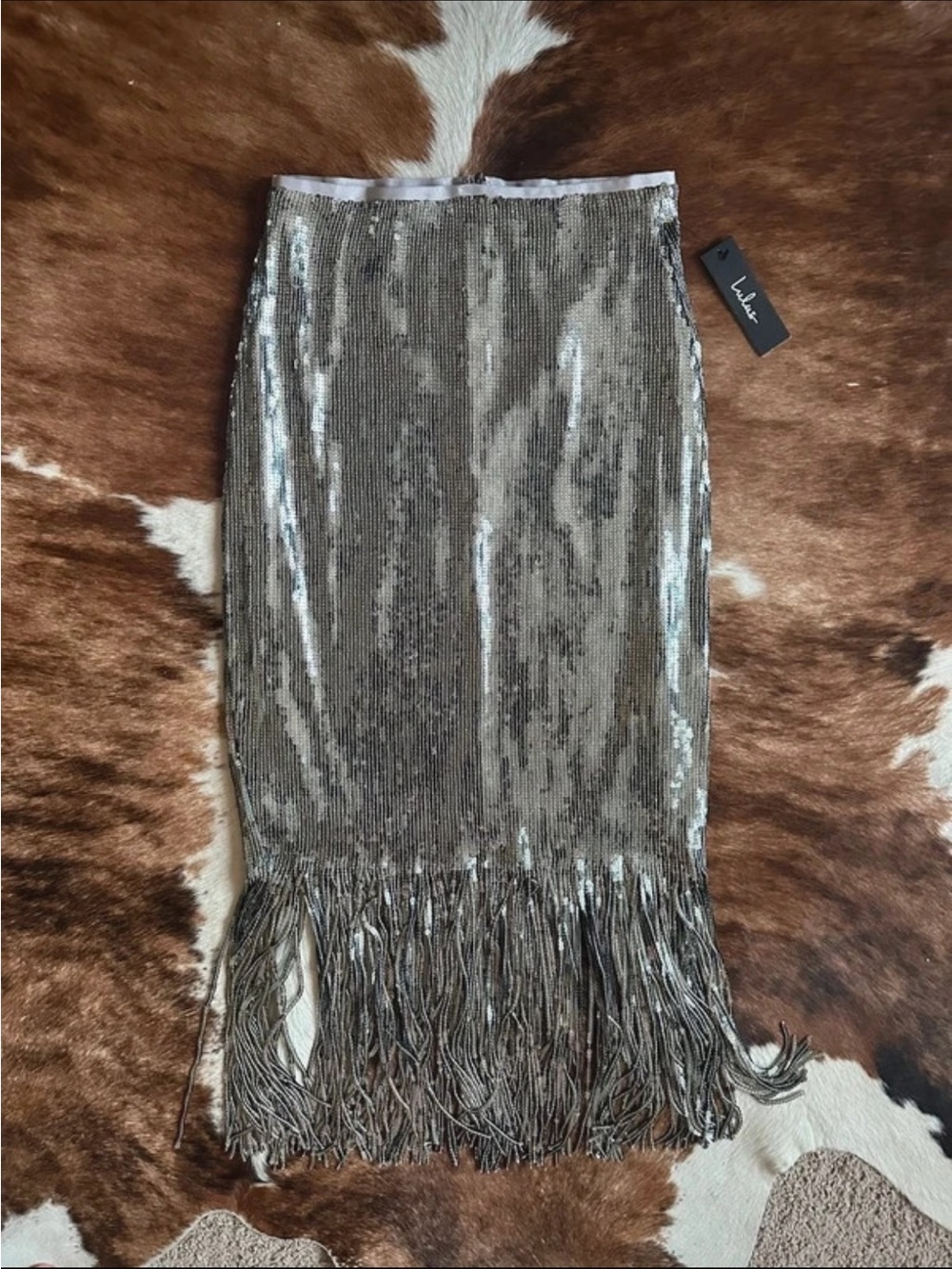 Lulu's Silver Sequin Fringe Midi Skirt